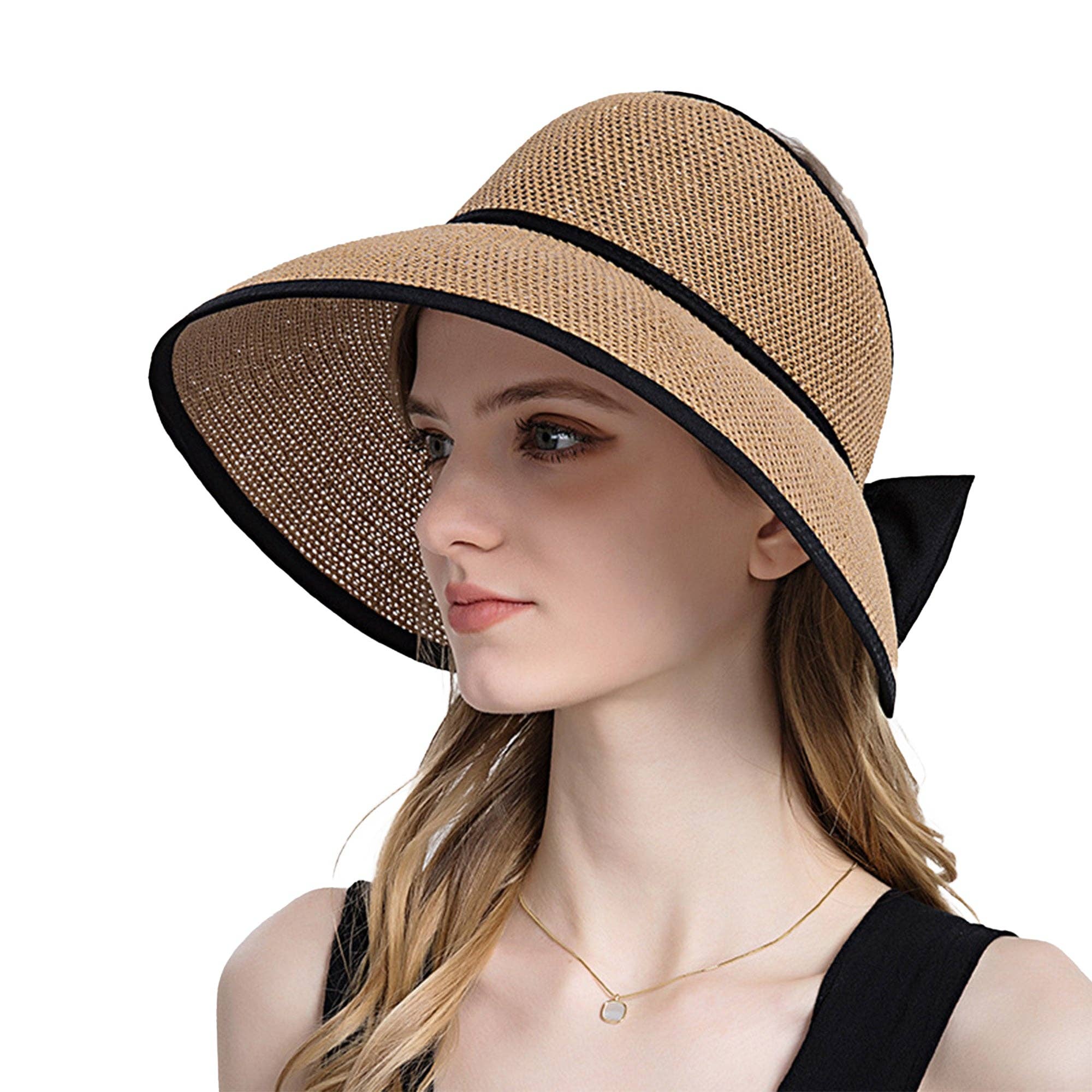 AK Brand – wholesale Visor – Women's – Women Roll-Up Straw Sun Visor with Bow Detail Adjustable Hat18