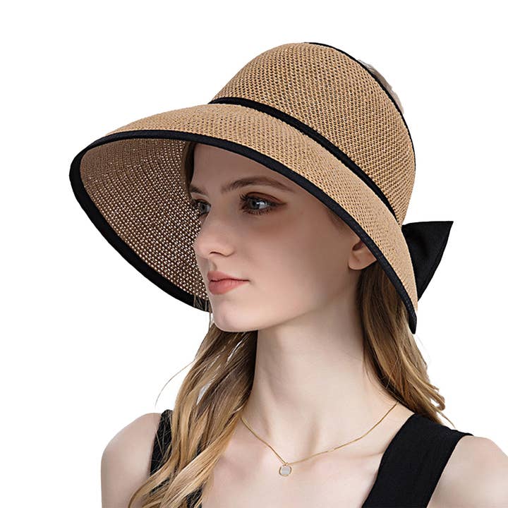 AK Brand - Wholesale Visor – Women's - Women Roll-Up Straw Sun Visor with Bow Detail Adjustable Hat18