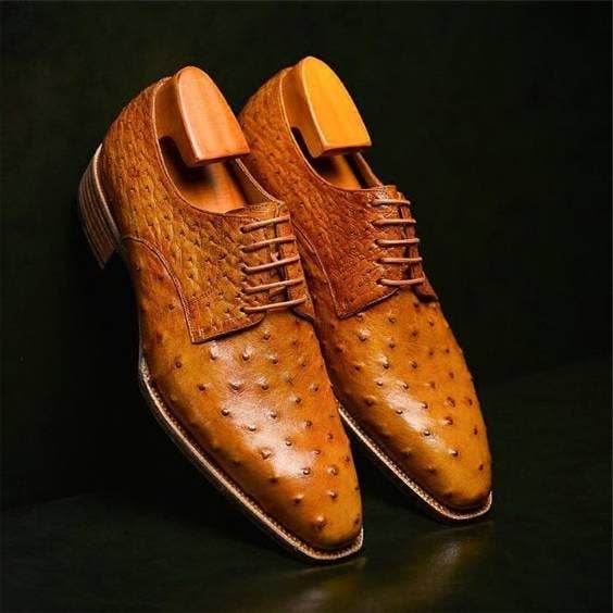 Handmade Men'S Tan Derby Ostrich Leather Shoes for wholesale by The Royale Leather