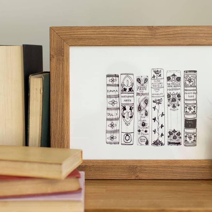 Jane Austen Novels Book Spine Ink Drawing Art print in Monochrome for wholesale by Georgina The Librarian
