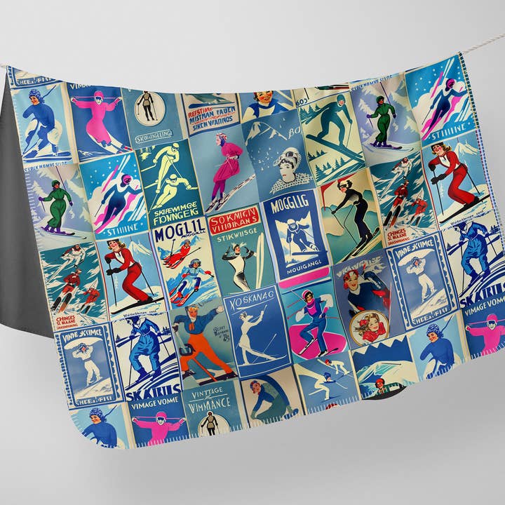 Manta vintage de esquí para damas en azul, hecha suave en Canadá. para venta al por mayor de Sofs Designs