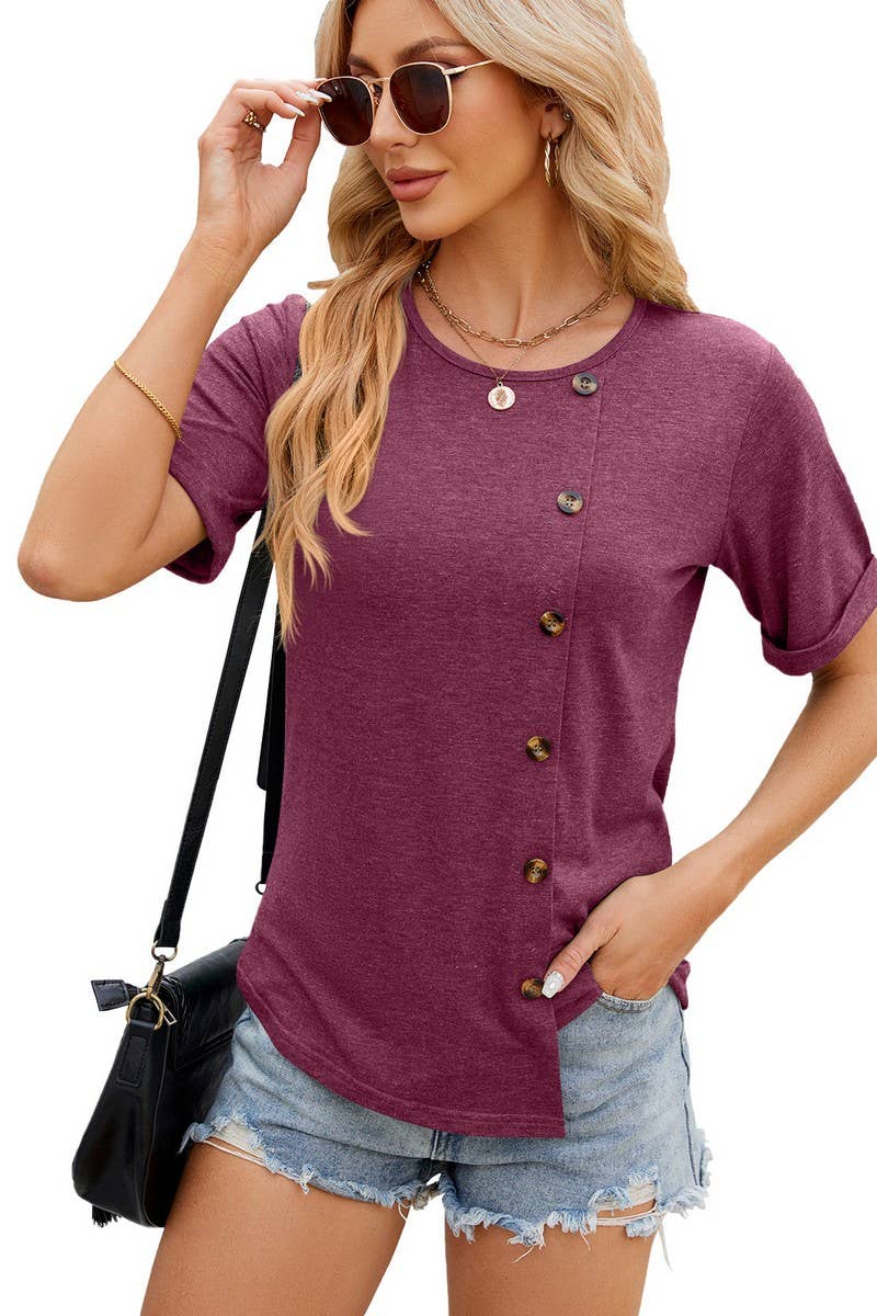 Lily Clothing - Wholesale T-Shirt - Women's - ROUND COLLAR BUTTON IRREGULAR HEM T SHIRT_CWTSTS01478
