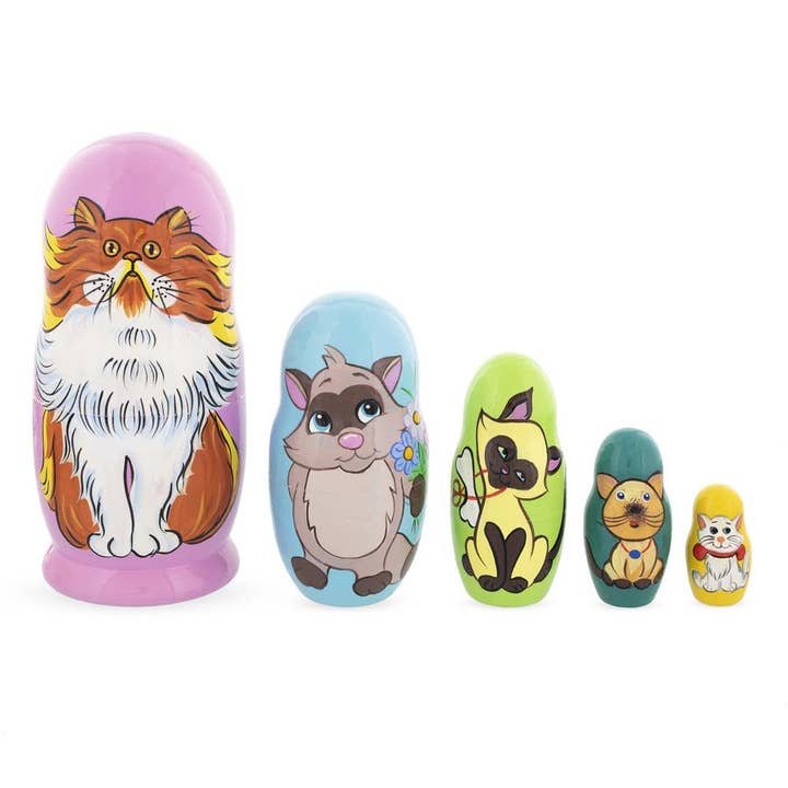Set van 5 kleurrijke katten, houten nestpoppen van 6 cm voor wholesale door BestPysanky