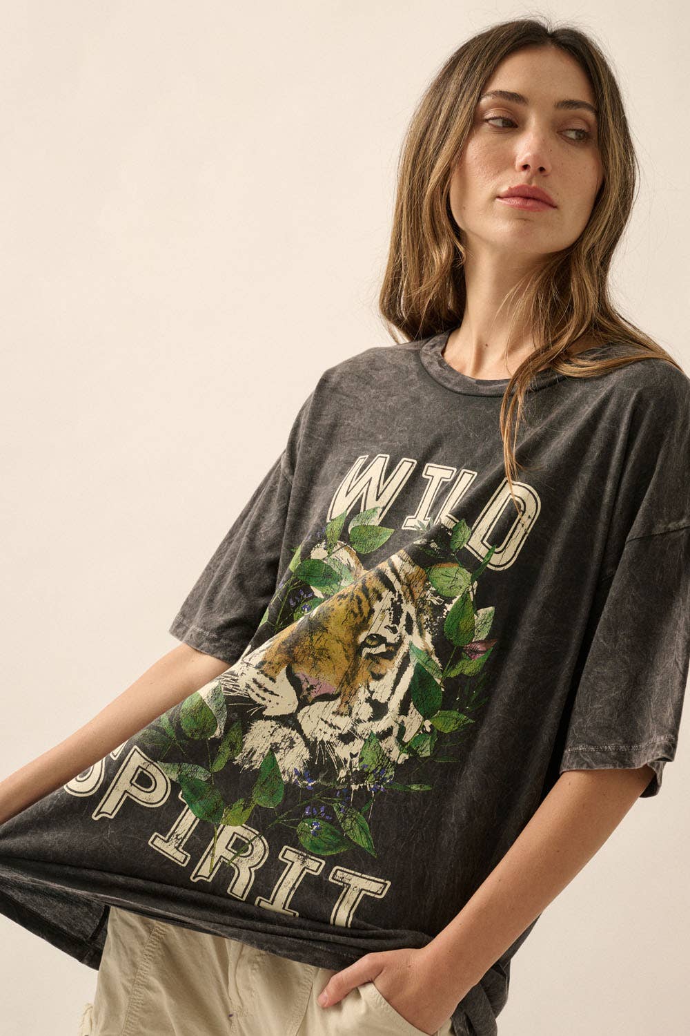 Charcoal Wild Spirit Vintage-Wash Oversized Graphic Tee for wholesale on Faire7