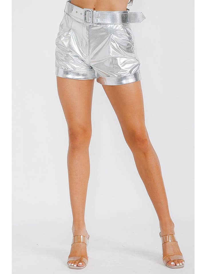 ROUSSEAU - Wholesale Shorts - Women's - BUTTON CLOSURE BELTED FRONT POCKETS METALLIC SHORT16