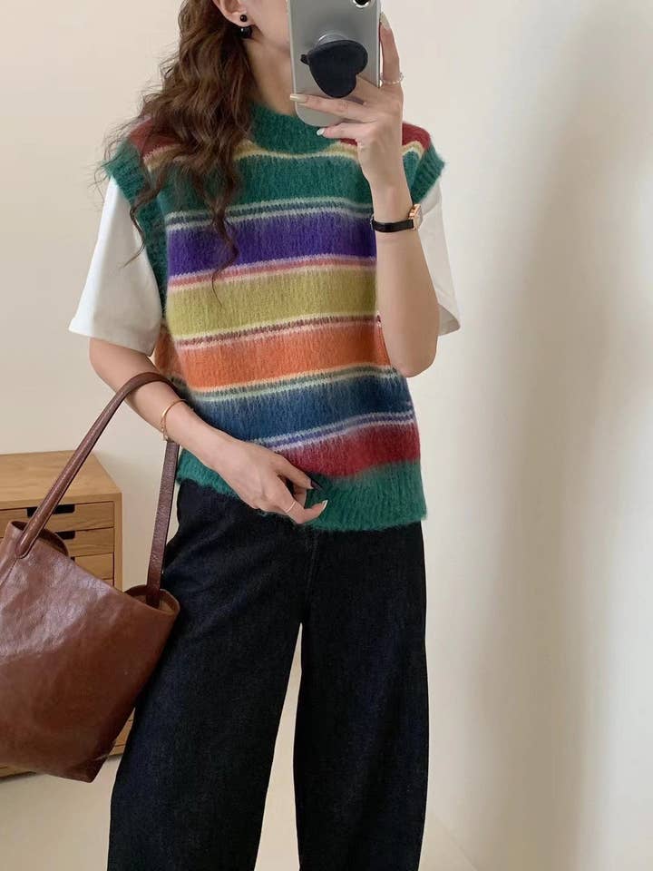 Marayn - Wholesale Cardigan - Women's - Retro Rainbow Stripe Knit Cardigan Cozy Chic16