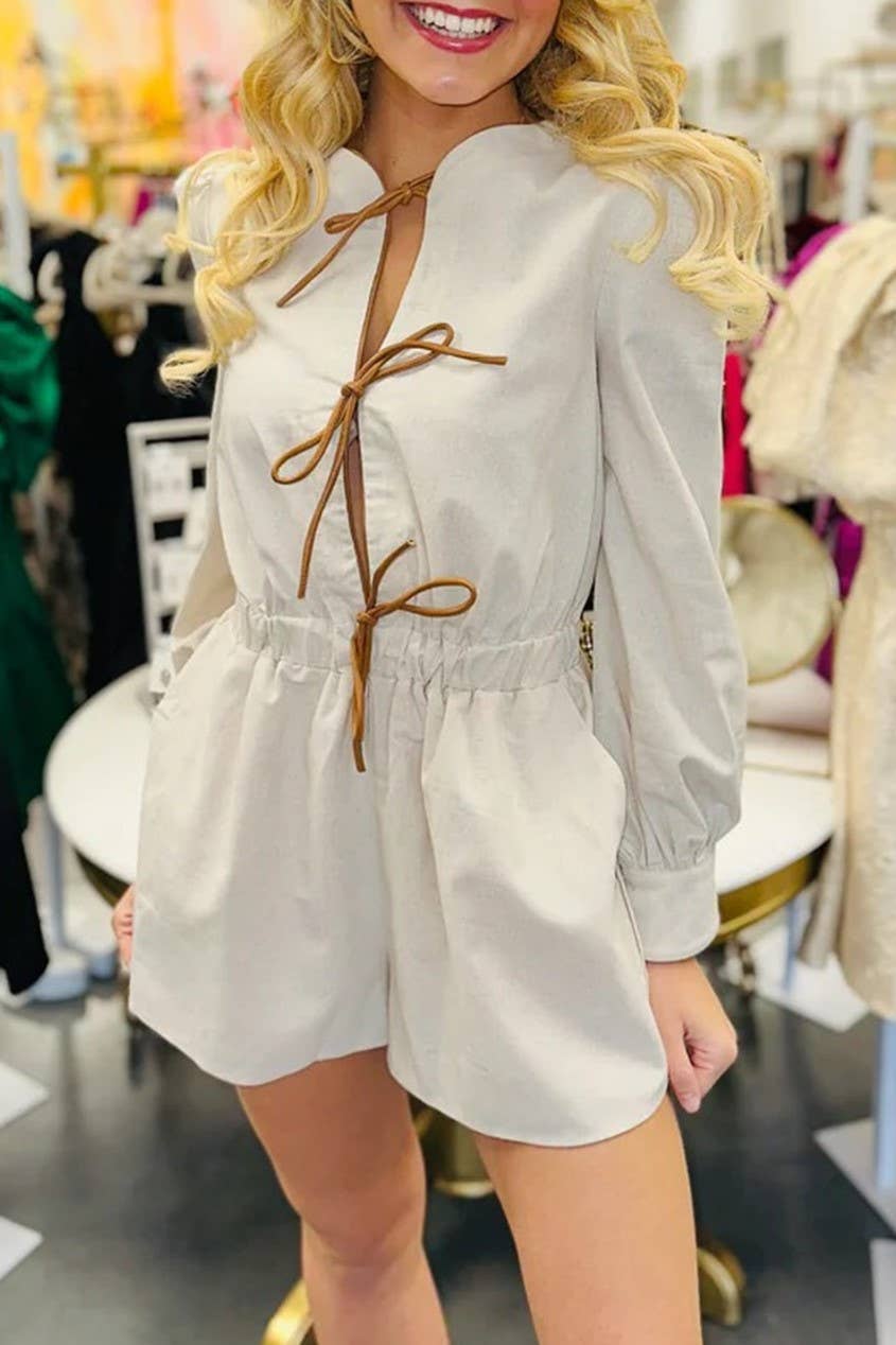 Rosa Clothing - Wholesale Romper - Women's - contrast bow tie front closure long sleeve romper10