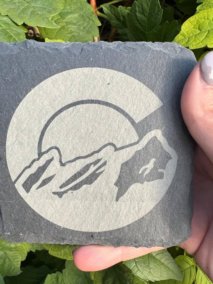 Set of 4 Slate Coasters | Colorado Flag with Mountains | Laser Engraved | Square Coaster | Wedding Gift | Nature Lover | Colorado Gift for wholesale by Redneckbougie Co