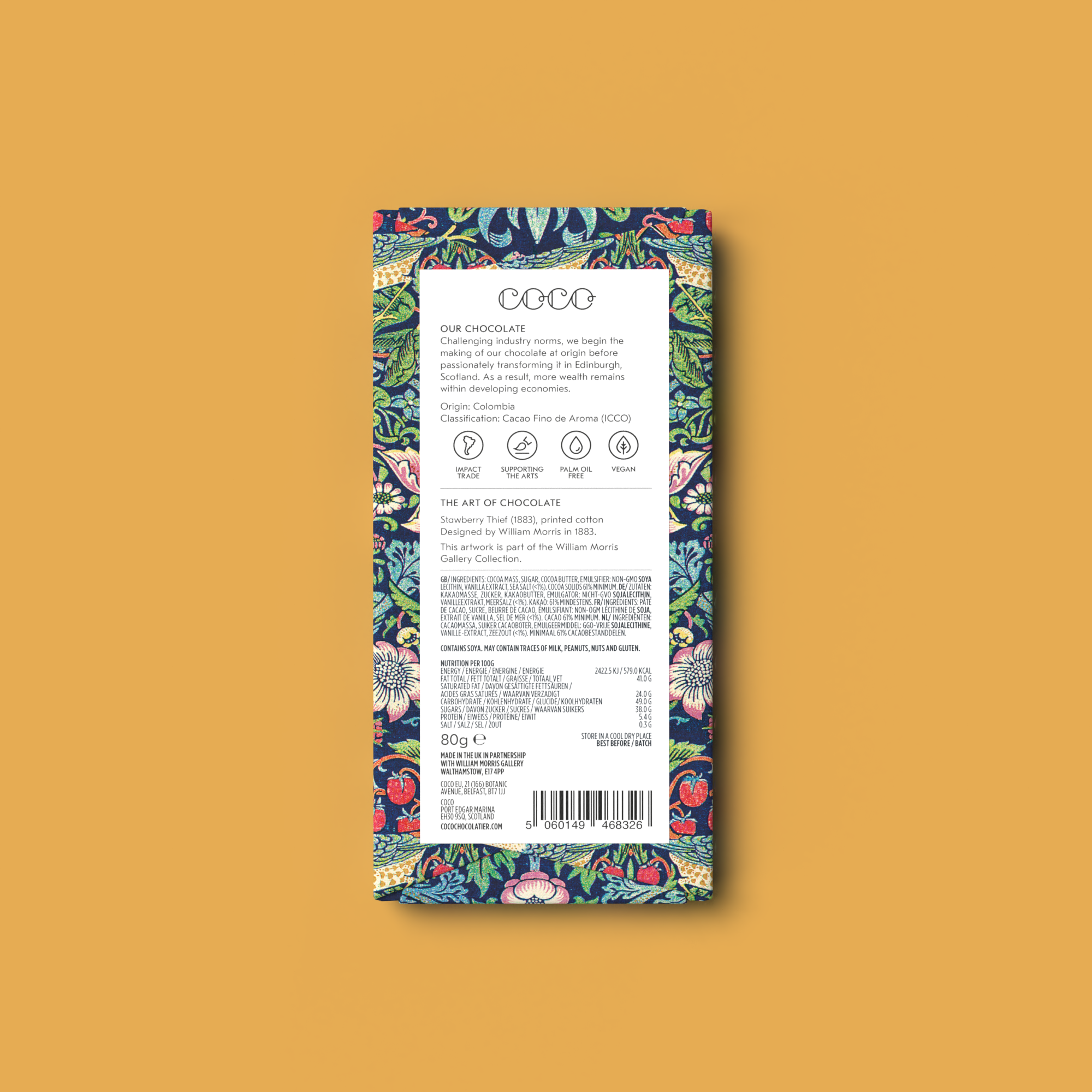 COCO Chocolatier [No duties when shipping to US!] - Wholesale Chocolate Bar - Sea Salt Dark Chocolate William Morris Limited Edition2