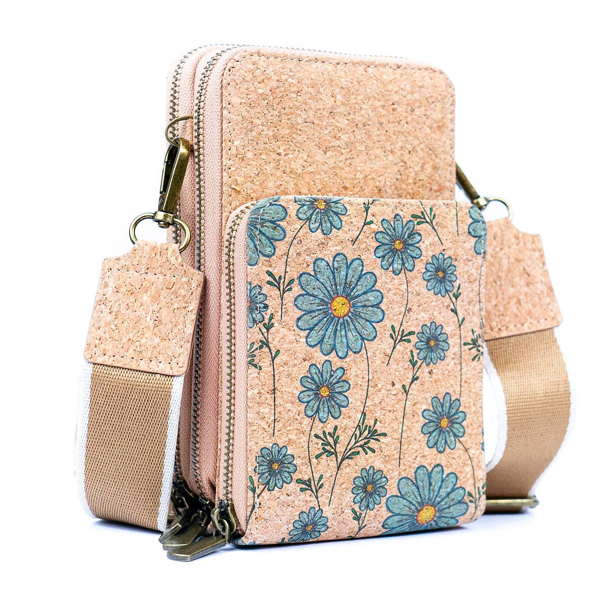 Meninas Bonitas Cork - Wholesale Crossbody Bag - Women's - Natural Cork Women's Crossbody Phone Bag with Triple Zipper Design BAG-23113