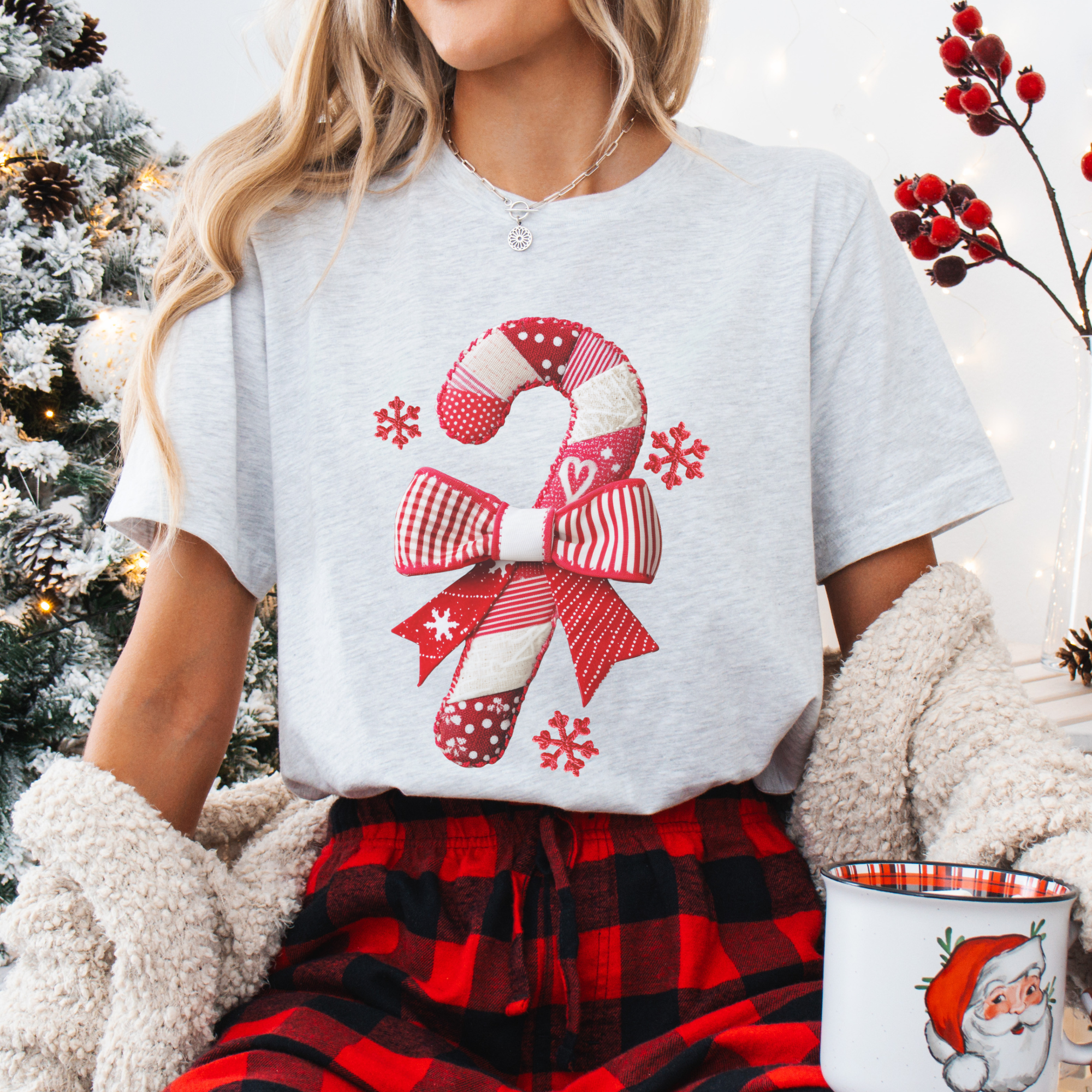 Trendznmore - Modern Graphic Apparel - Wholesale T-Shirt (Graphic) - Women's - Candy Cane Patchwork Christmas Tee, Merry Christmas T-shirts1