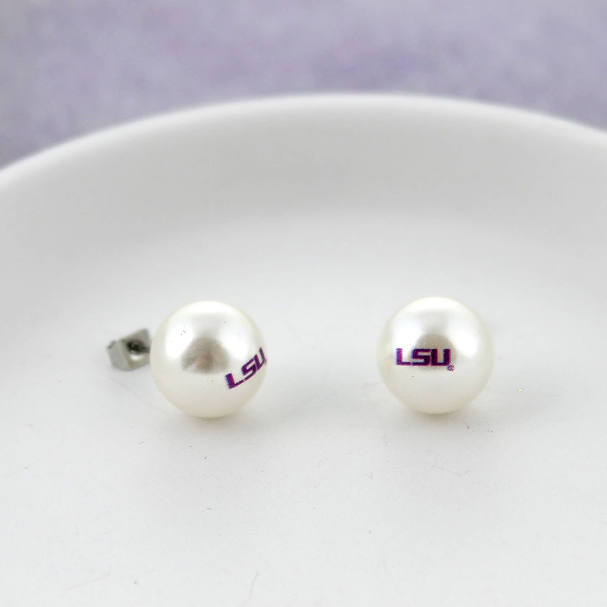 Seasons Jewelry - Wholesale Stud/Post Earrings - LSU Logo Pearl Stud Earrings1