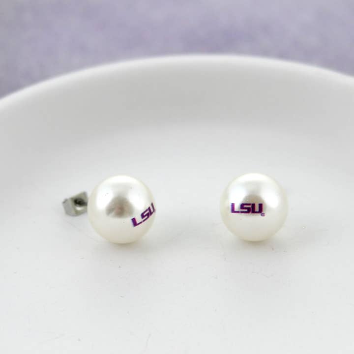 Seasons Jewelry - Wholesale Stud/Post Earrings - LSU Logo Pearl Stud Earrings1