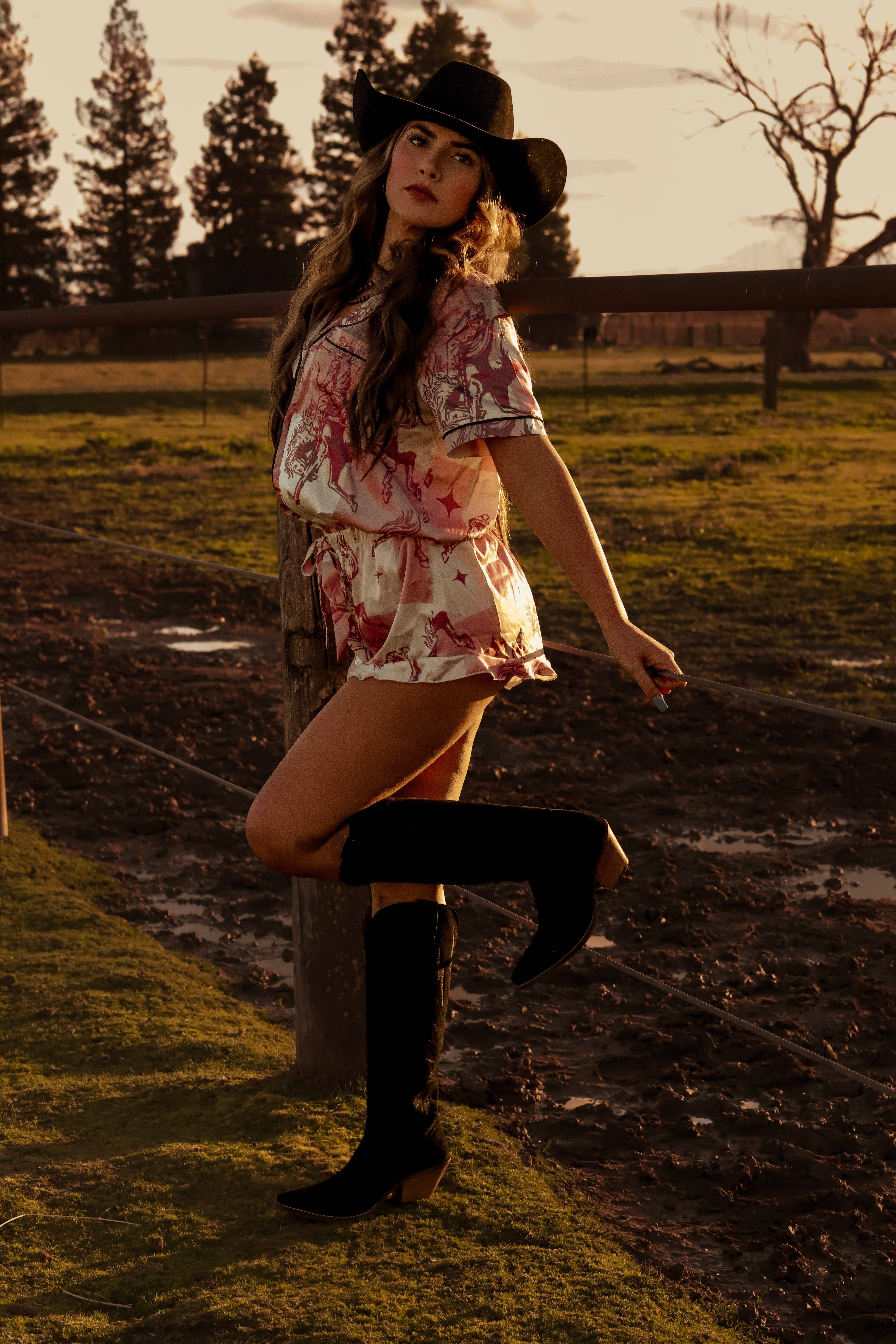 Southern Essentials by Ashley LLC - Wholesale Sleepwear Set - Women's - Pink Checkered Bronc Rider Silky Short Pajama Set1