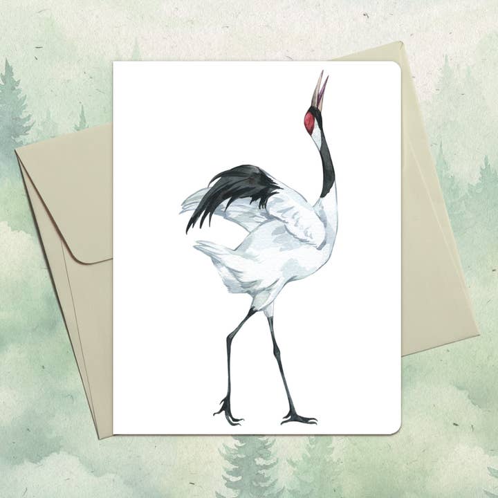 Carte de vœux faite main avec grue à couronne rouge pour la vente par Soul Familiar