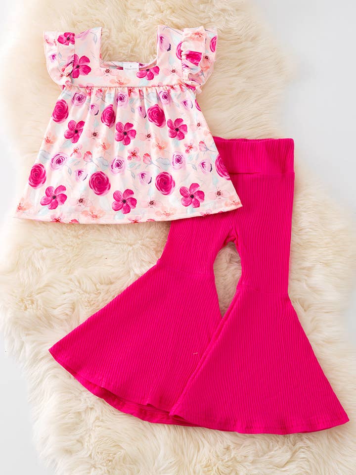 Fuchsia flower printed tunic & ribbed bell bottoms. OFG50911 AMY for wholesale by Kids Charm Online