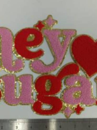 Hey Sugar on Gold Glitter Chenille Iron-on Patch for wholesale by Scratch Decor