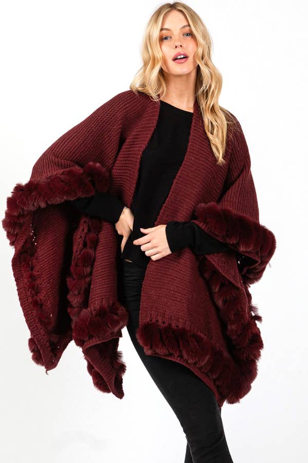 Artini Accessories – wholesale Cape – Women's – Faux Fur Trim Winter Cape Cardigan2