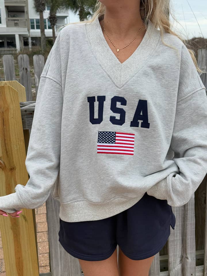 Afternoon Grey USA Flag Embroider V-Neck Sweatshirt for wholesale by Sunkissed Coconut