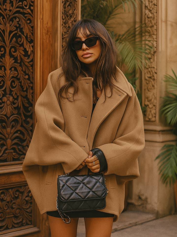 25123 - Autumn Woolen Brown Women Collared Batwing Cardigan for wholesale by U R My Sunshine