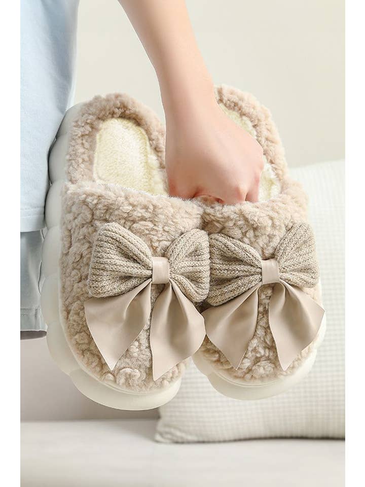 Little Daisy Closet - Wholesale Slippers - Women's - LDC Contrast Bowknot Applique Plush Winter Slippers