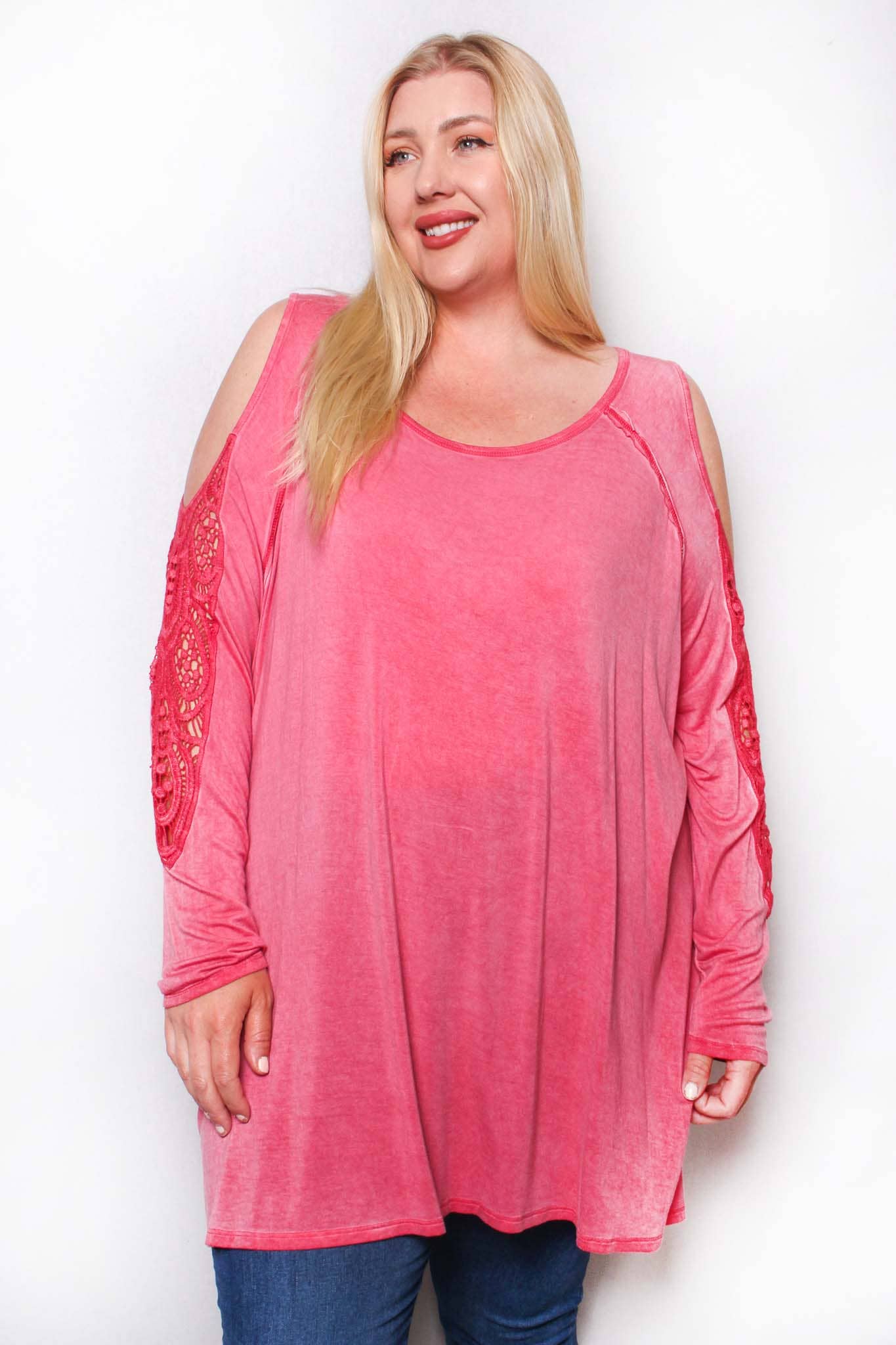 Good Stuff Apparel - Wholesale Tunic - Women's - Women's Plus Long Sleeve Cutout Lace Round Neck Solid Top1