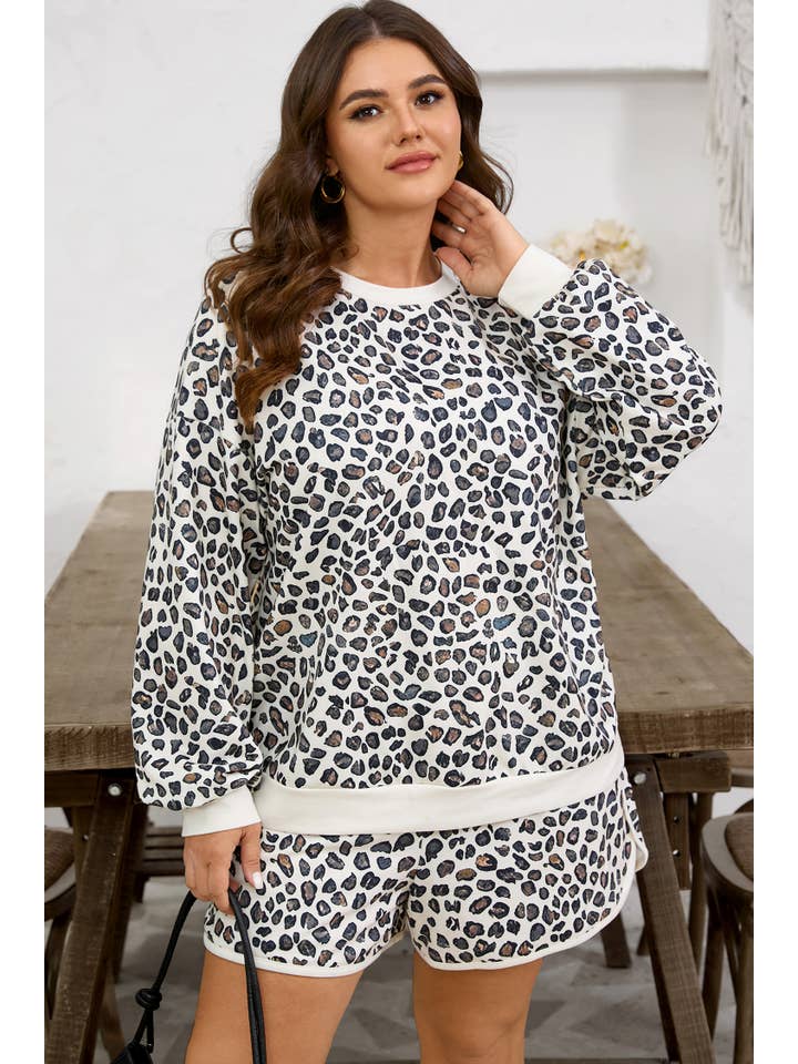 Khaki Plus Size Leopard Pullover and Shorts Set for wholesale on Faire2