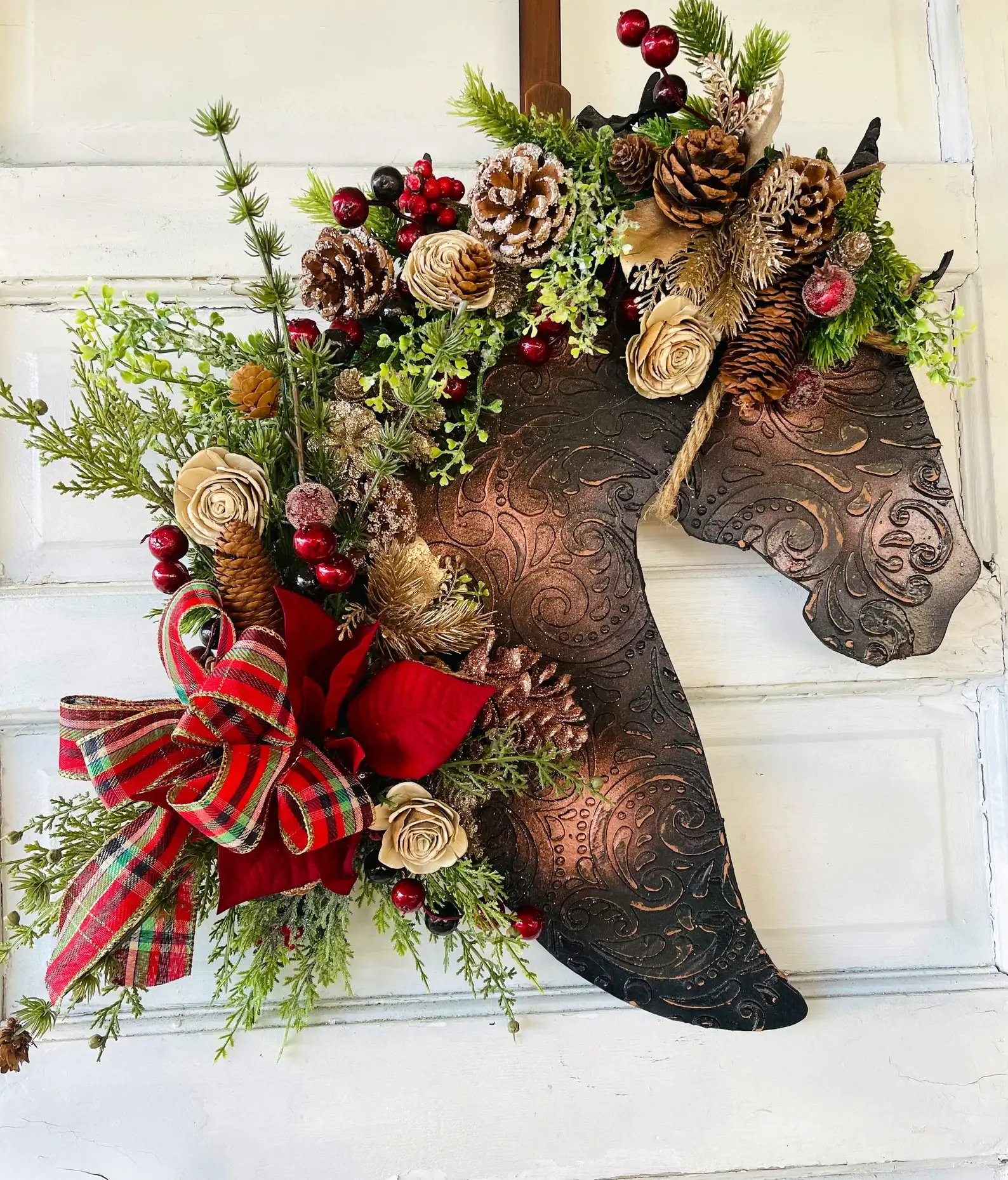 All Designs Equine - Wholesale Wreath - Leather Look Berry And Pine Horse Wreath with poinsettia 4