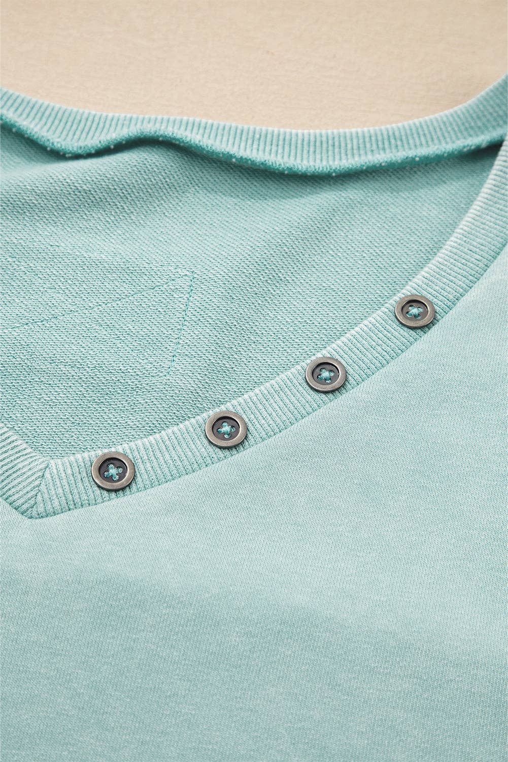 Mist Blue Mineral Wash Exposed Seam Buttoned V Neck Pullover Top for wholesale on Faire3