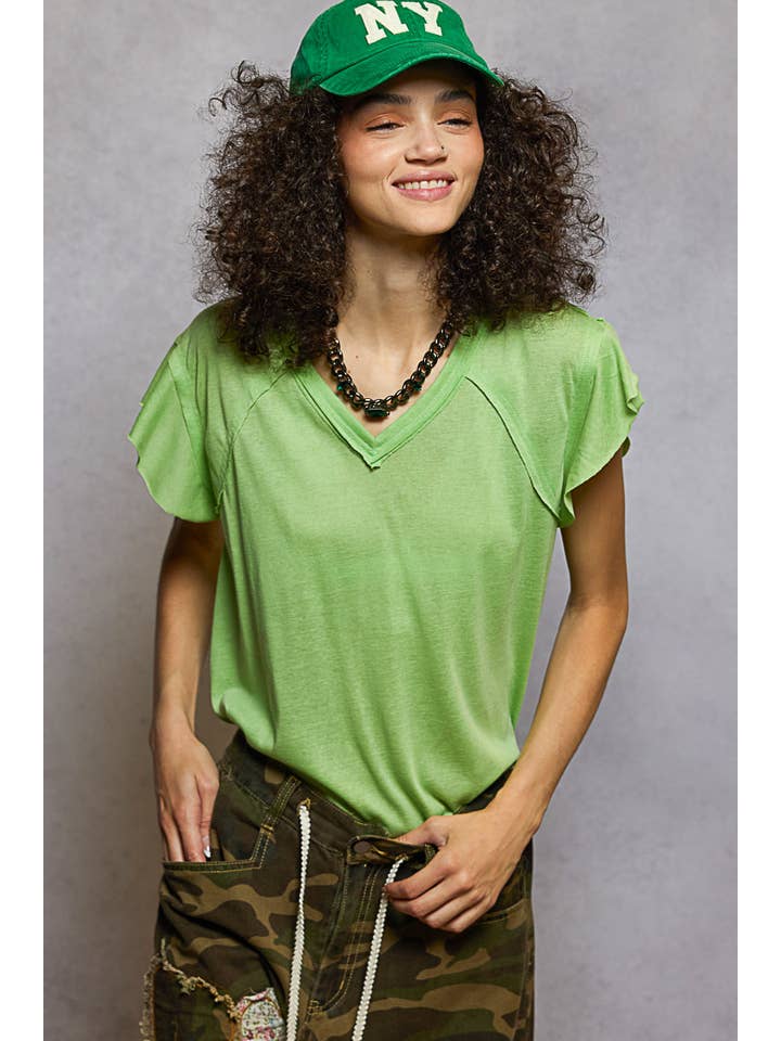 Pol Clothing - Wholesale T-Shirt - Women's - V-neck ruffle short sleeve solid basic cotton top25