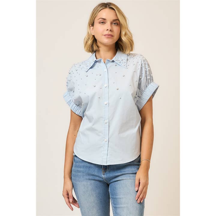 Pearl Studded Cap Sleeve Button Up Top for wholesale by Cozy Casual, Inc.
