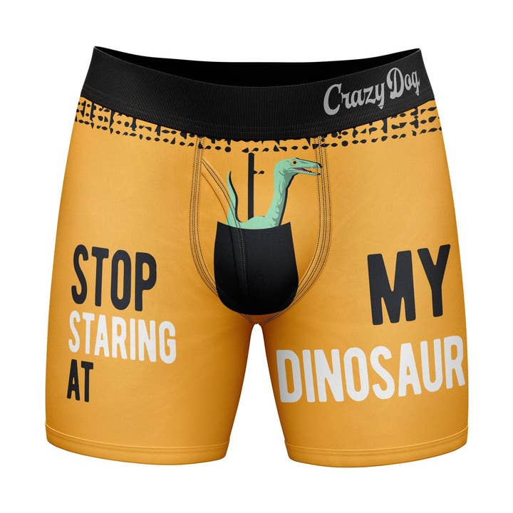 Stop Staring At My Dinosaur Dinosaur Graphic Briefs for wholesale by Crazy Dog T-Shirts