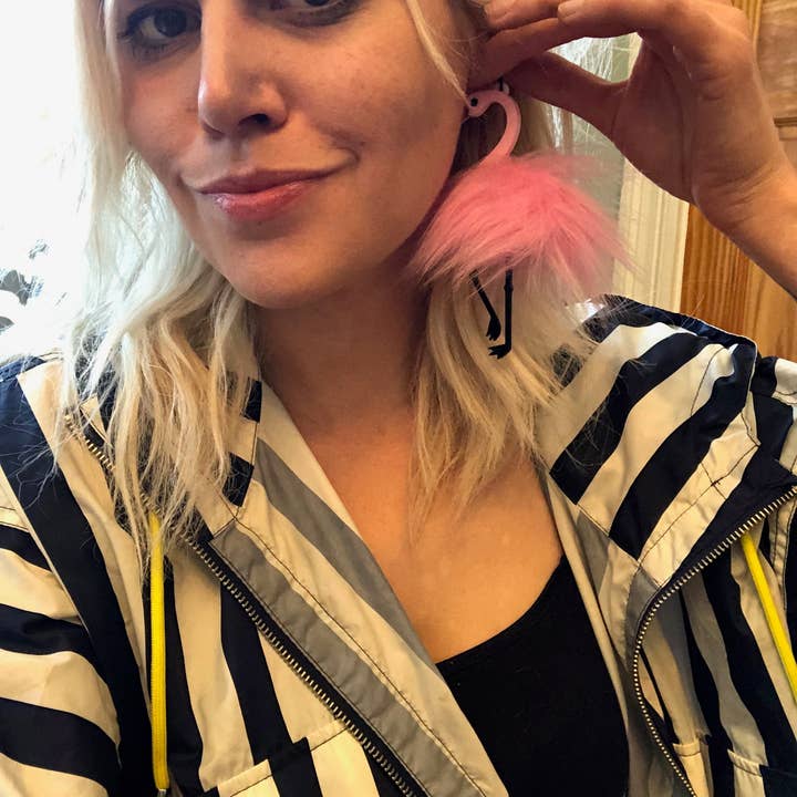 I'm Your Present – wholesale Dangle earrings – Pom Pom Fluff Pink Flamingo Earrings, Laser Cut Acrylic, Plastic Jewelry1