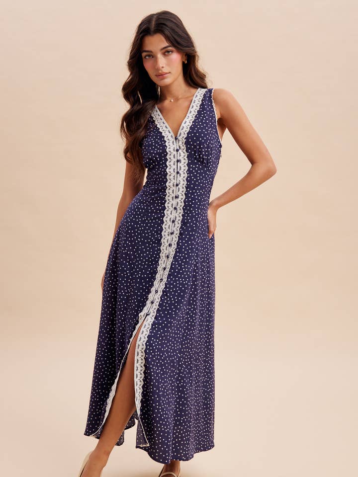 LACE TRIM BUTTON DOWN POLKA DOT MAXI for wholesale by In Loom