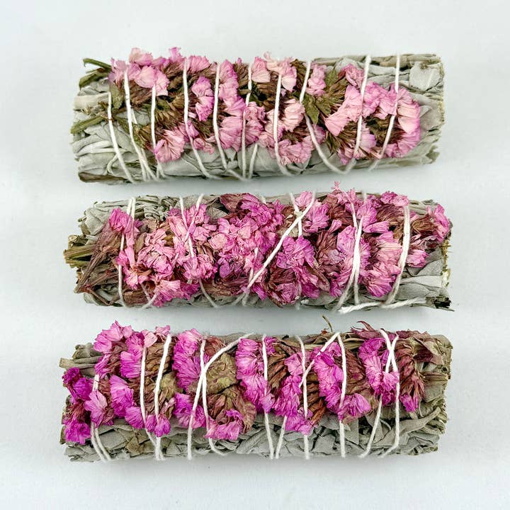 Pink Floral + White Sage Spring/Summer Smudge Wand for wholesale by Liv Rocks