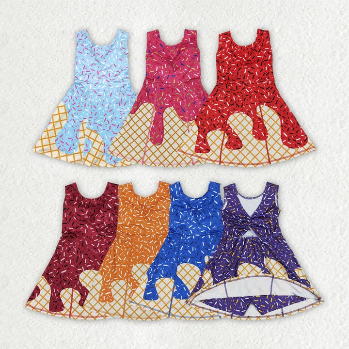 7 Colors Sibling Baby Girls Ice-cream Drip Sprinkles Yoga Skort Knee Length Dresses for wholesale by Aier Wholesale