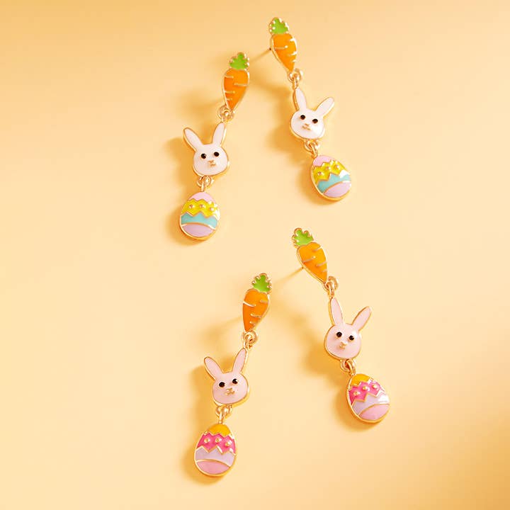Pendientes colgantes de esmalte con forma de huevo de Pascua, conejo y zanahoria. para venta al por mayor de Sensibling Corp.
