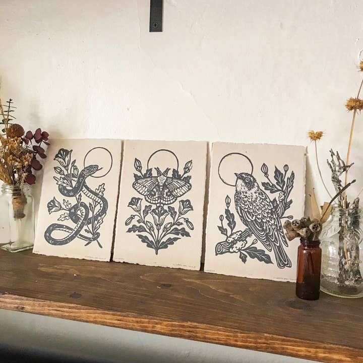 Mustard Beetle - Wholesale Art Print - IO Moth & Poppies Handprinted Linocut on Handmade Paper 5x7"8