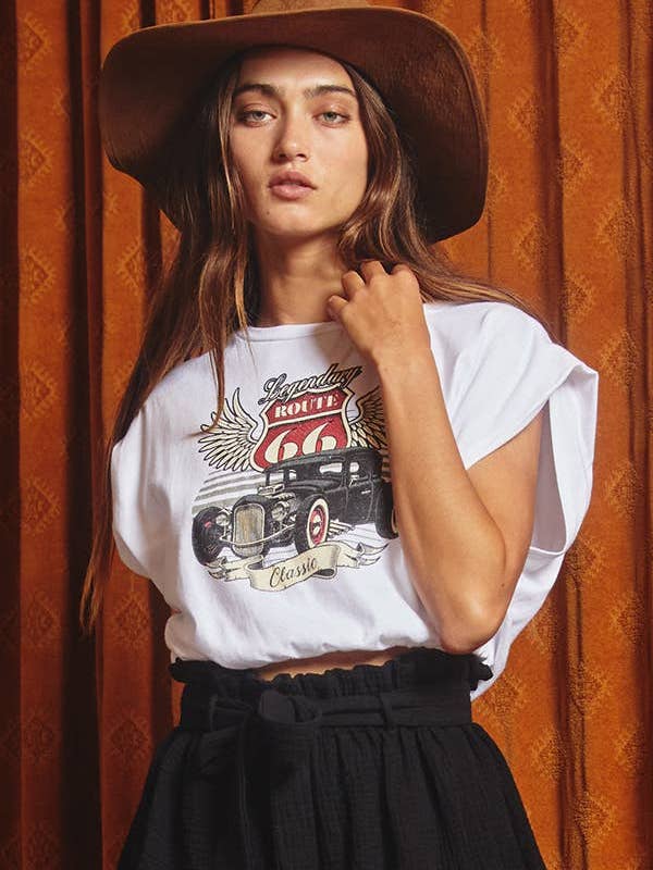 CAMELLO REBAJA OUTLET T1703 Top Corto con Dobladillo Elástico y Gráfico de venta al por mayor en Faire1