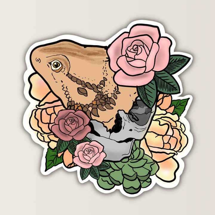 BEARDED DRAGON FLORAL SKULL WEATHERPROOF VINYL&PAPER STICKER for wholesale by Drifting Souls Paper Co.