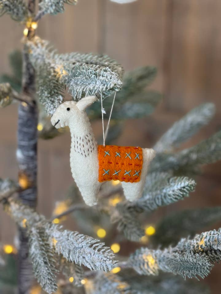 Handmade Felt Llama / Christmas Tree Ornament - Orange for wholesale by Aasha Collective
