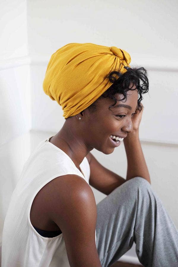 Mustard Satin-Lined Knot Turban for wholesale on Faire2