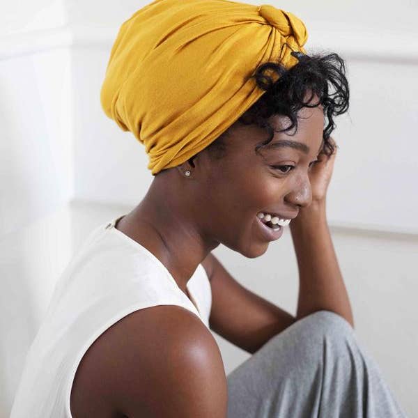 Mustard Satin-Lined Knot Turban for wholesale on Faire2