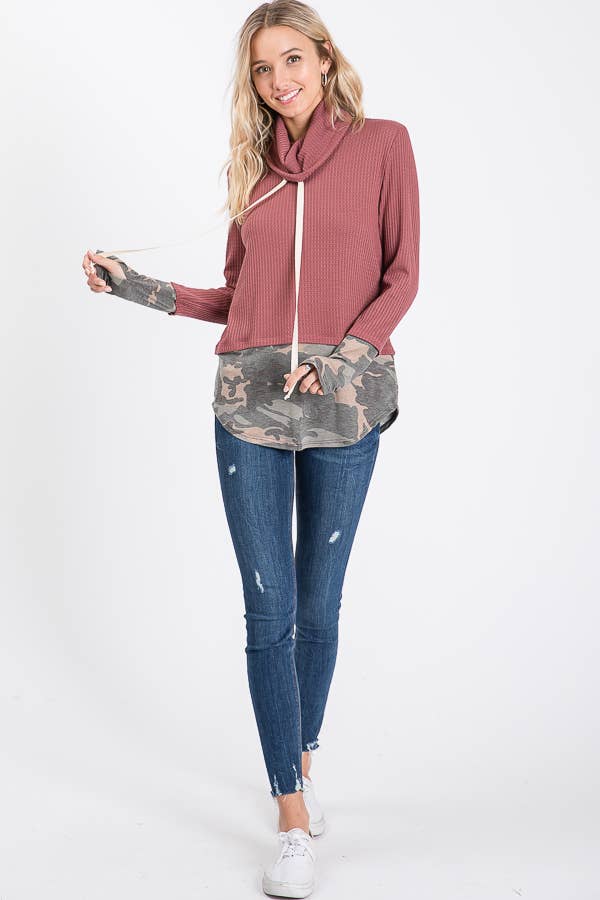 7th Ray - Wholesale Sweatshirt - Women's - Brushed Waffle Camo Contrast Thumbhole Cuff Twofer Top T204110