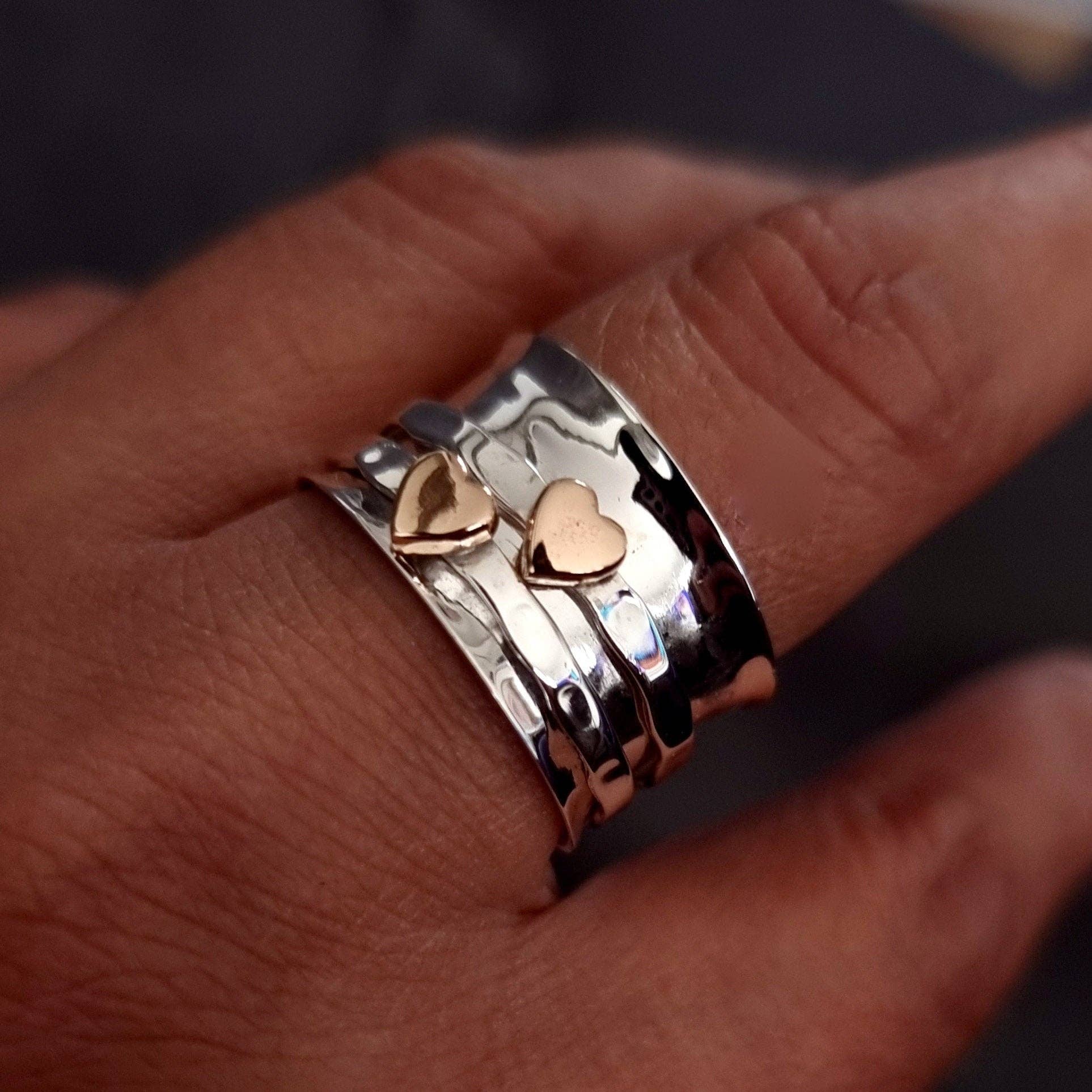 Mistry Gems - Vente Anneau/bague à empiler - Large bague tournante cœur en or rose | Argent sterling 925 et cuivre, SP05C7