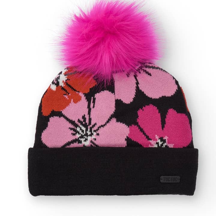 tuc tuc - Wholesale Beanie - Kids - Black girl's hat with floral print and pink pompom0