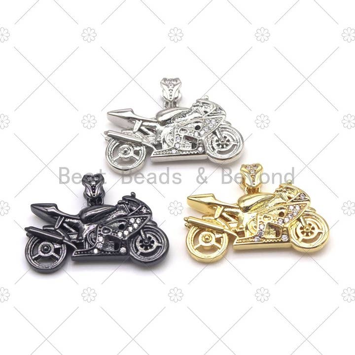 CZ Micro Pave Motorcycle Shape Pendant, Silver/Gold/Black Motorcycle Charm, Necklace Bracelet Charm Pendant,Sku#Y553 for wholesale by BestBeads&Beyond