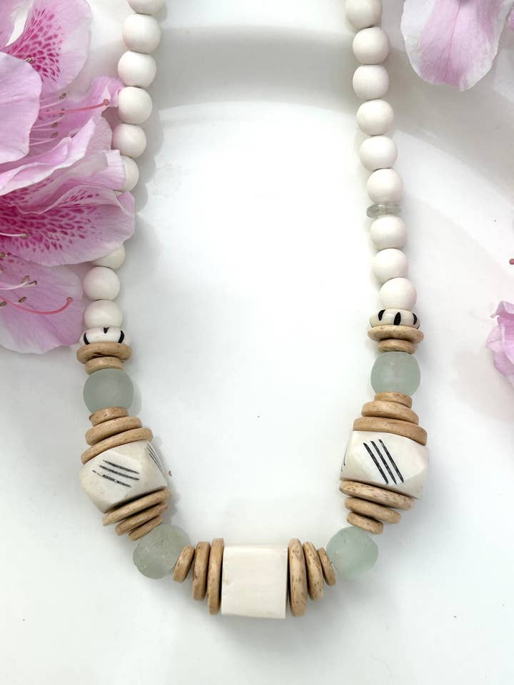 Summer white sea glass bone bead statement necklace for wholesale by April Mae Designs