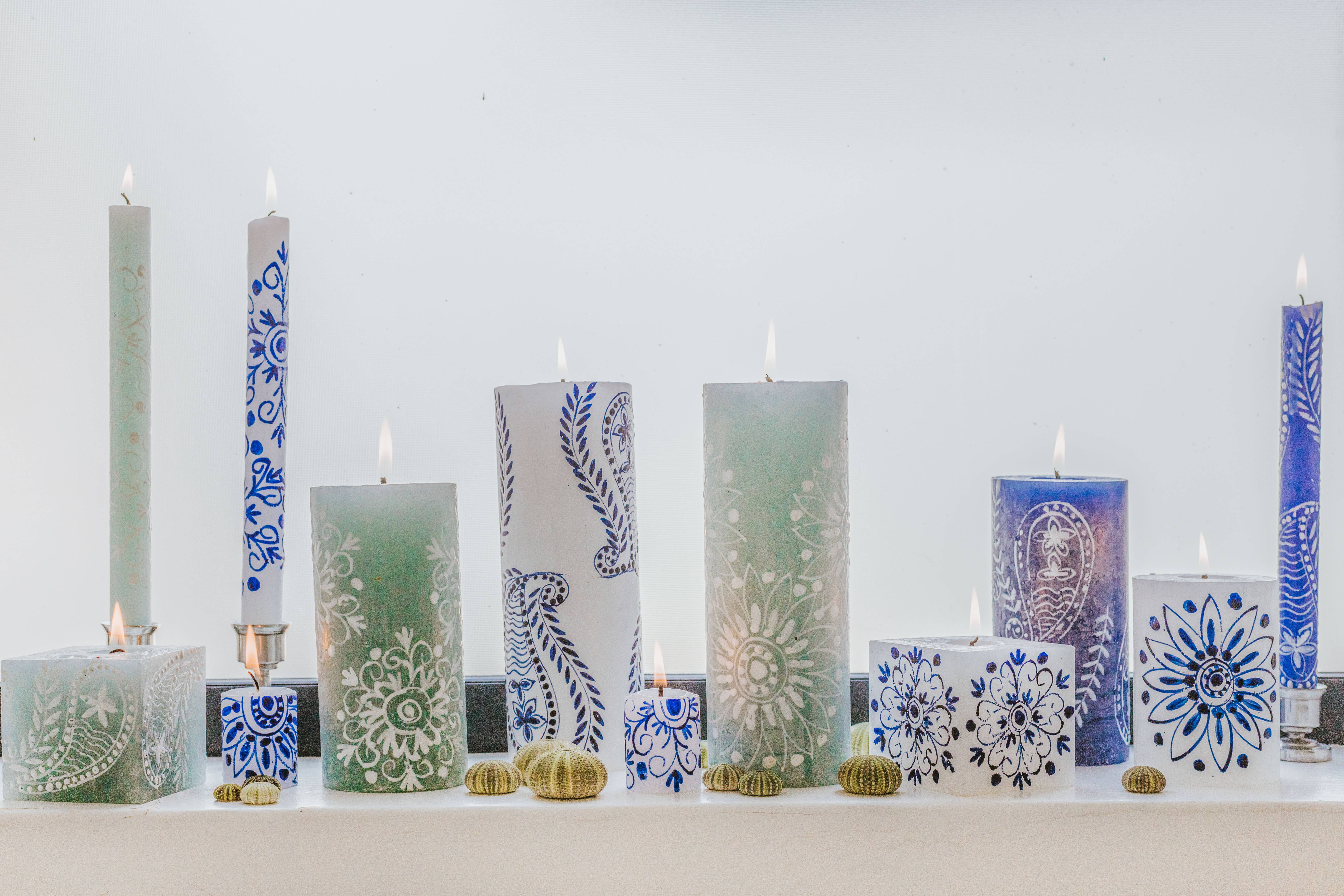 Thumbprint Artifacts - Wholesale Tapered Candle/Candlestick - Henna Blue on White Candle9