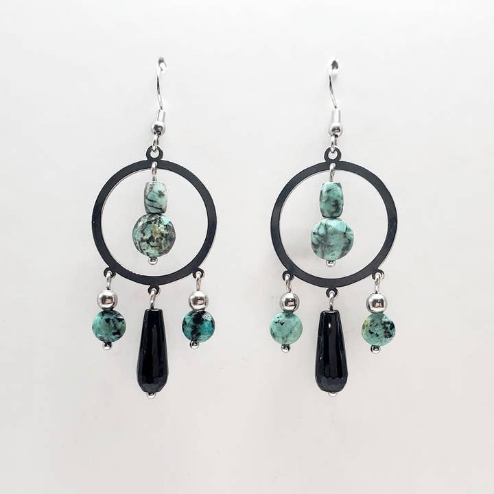 African Turquoise & Stainless Chandelier Earrings for wholesale by Covaly Artisan Jewelry